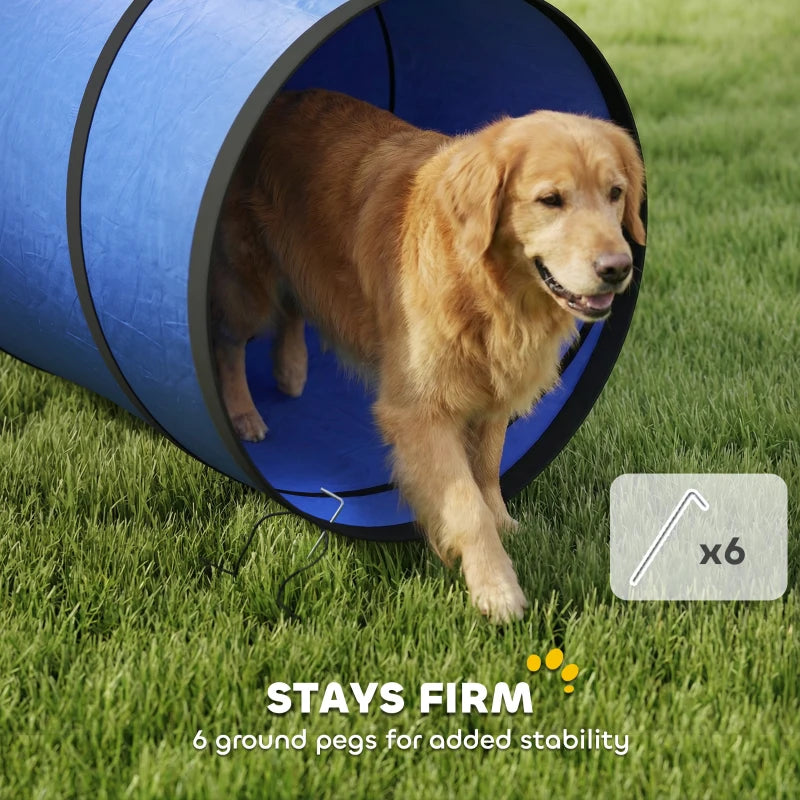 Blue dog agility tunnel close-up with ribbed fabric rings and dark round opening