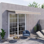 Retractable awning installed over a doorway, cream-white canvas with scalloped trim