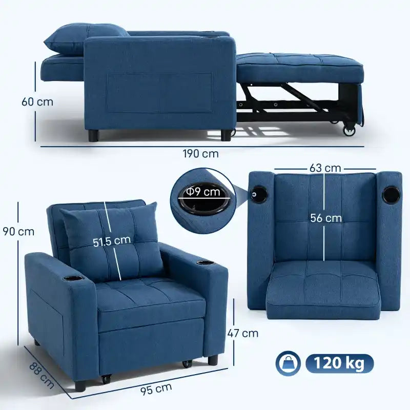 Dark blue sofa bed and sleeper chair in folded layout, side view with armrests