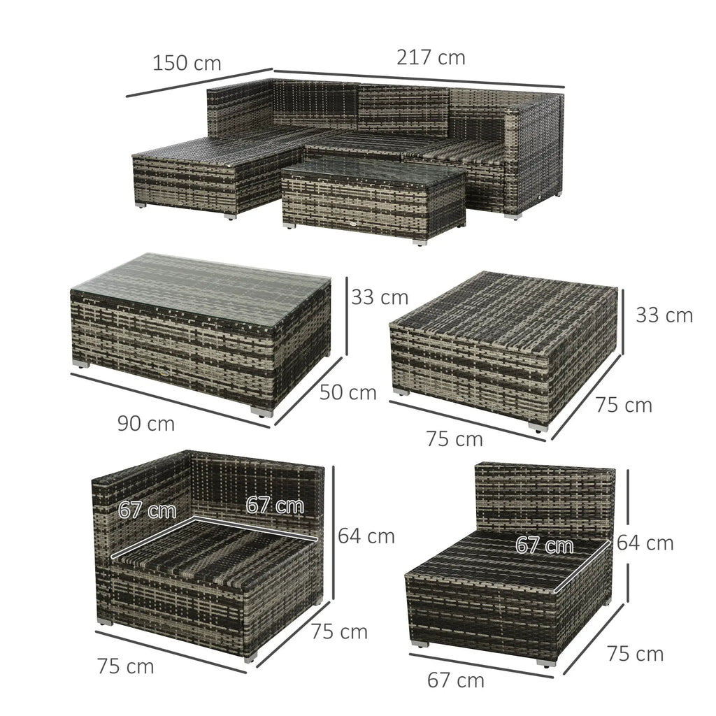 Grey wicker sectional sofa set shown with component dimensions