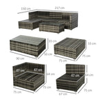 Grey wicker sectional sofa set shown with component dimensions