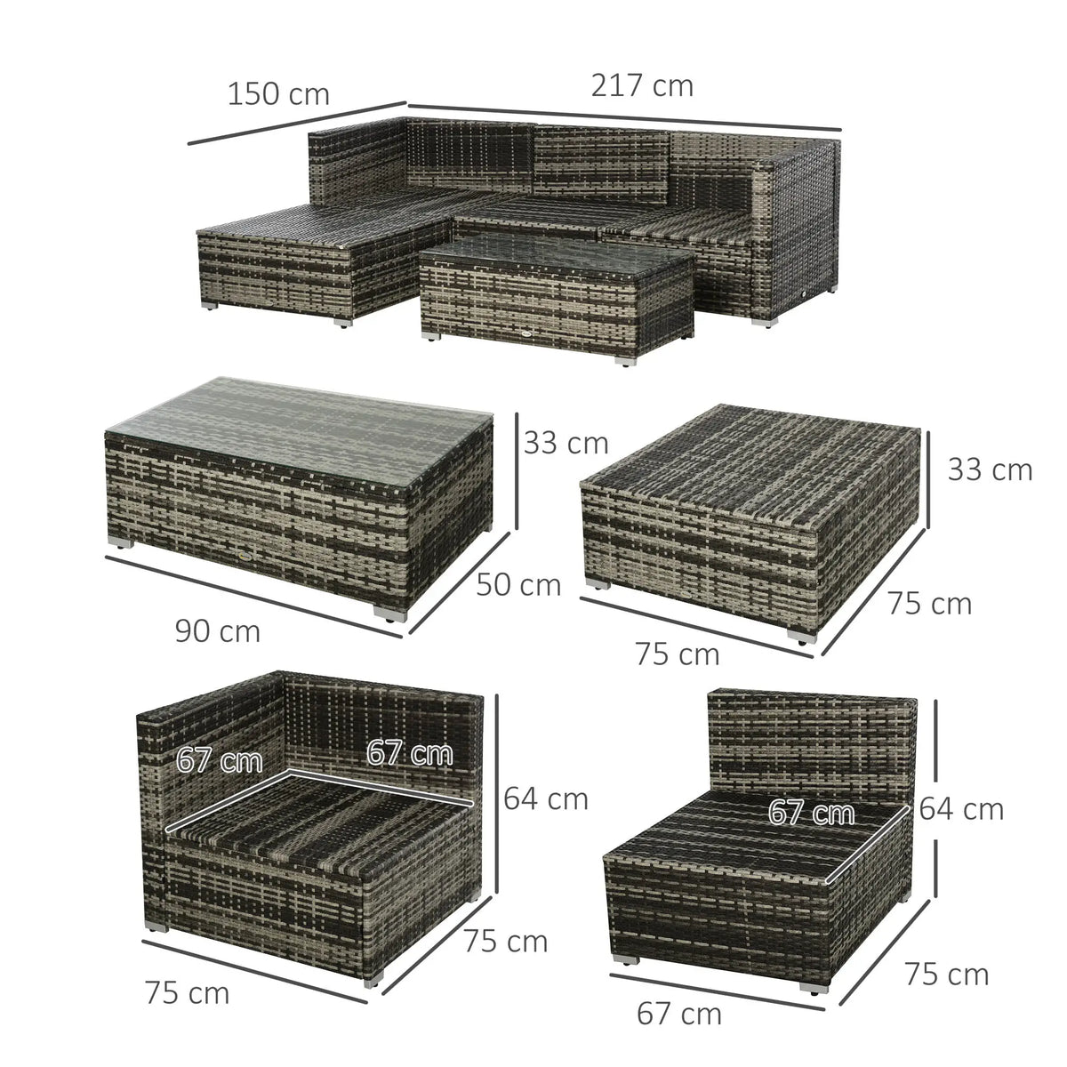 Grey wicker sectional sofa set shown with component dimensions