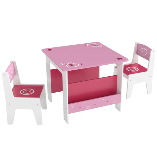 Kids pink activity table with storage shelf and two matching chairs, heart prints
