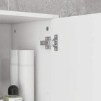 White tall cabinet back showing wall-mount bracket and mounting hardware