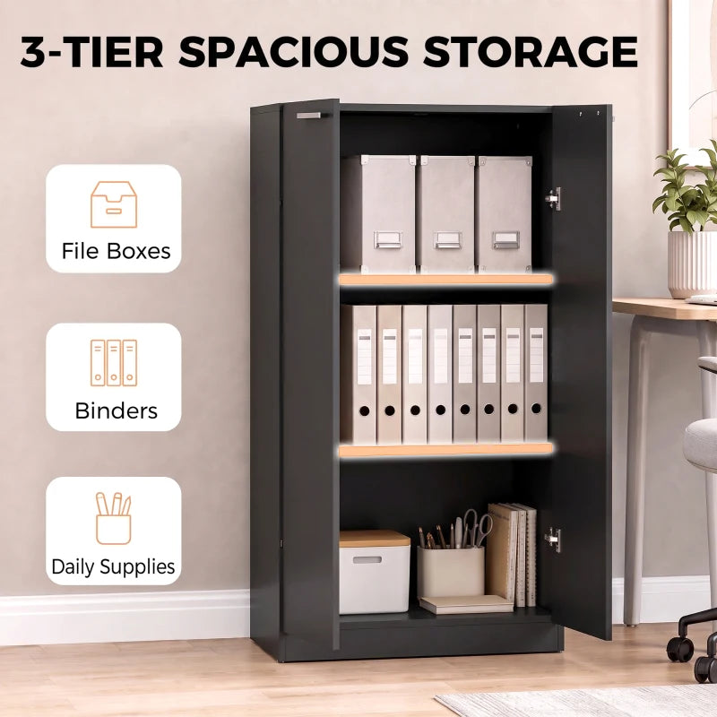 Black 3-tier storage cabinet with open doors and three shelf compartments