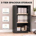 Black 3-tier storage cabinet with open doors and three shelf compartments