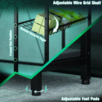Black adjustable wire grid shelf above desk and adjustable foot pads