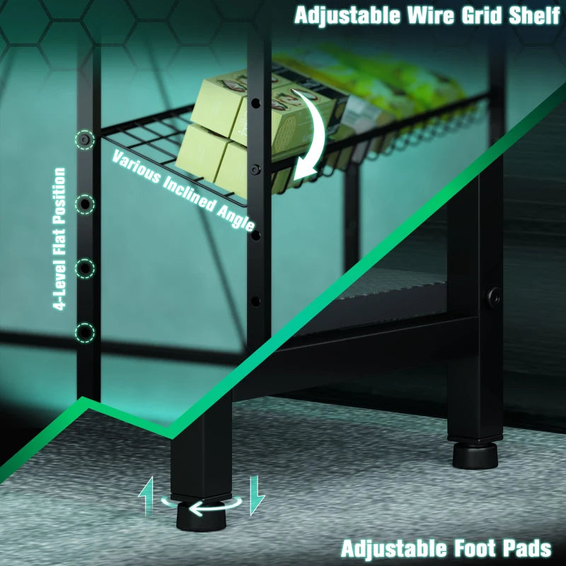 Black adjustable wire grid shelf above desk and adjustable foot pads
