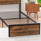 Close-up of rustic brown single bed frame drawer front with black metal side rails
