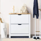 White shoe storage cabinet with wood-look top and two flip drawers