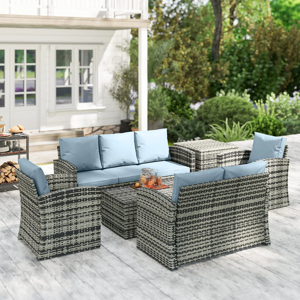 Outsunny 6-Piece Rattan Garden Set, 7-Seater Wicker Outdoor Furniture Set with Storage Tea Table & Side Table