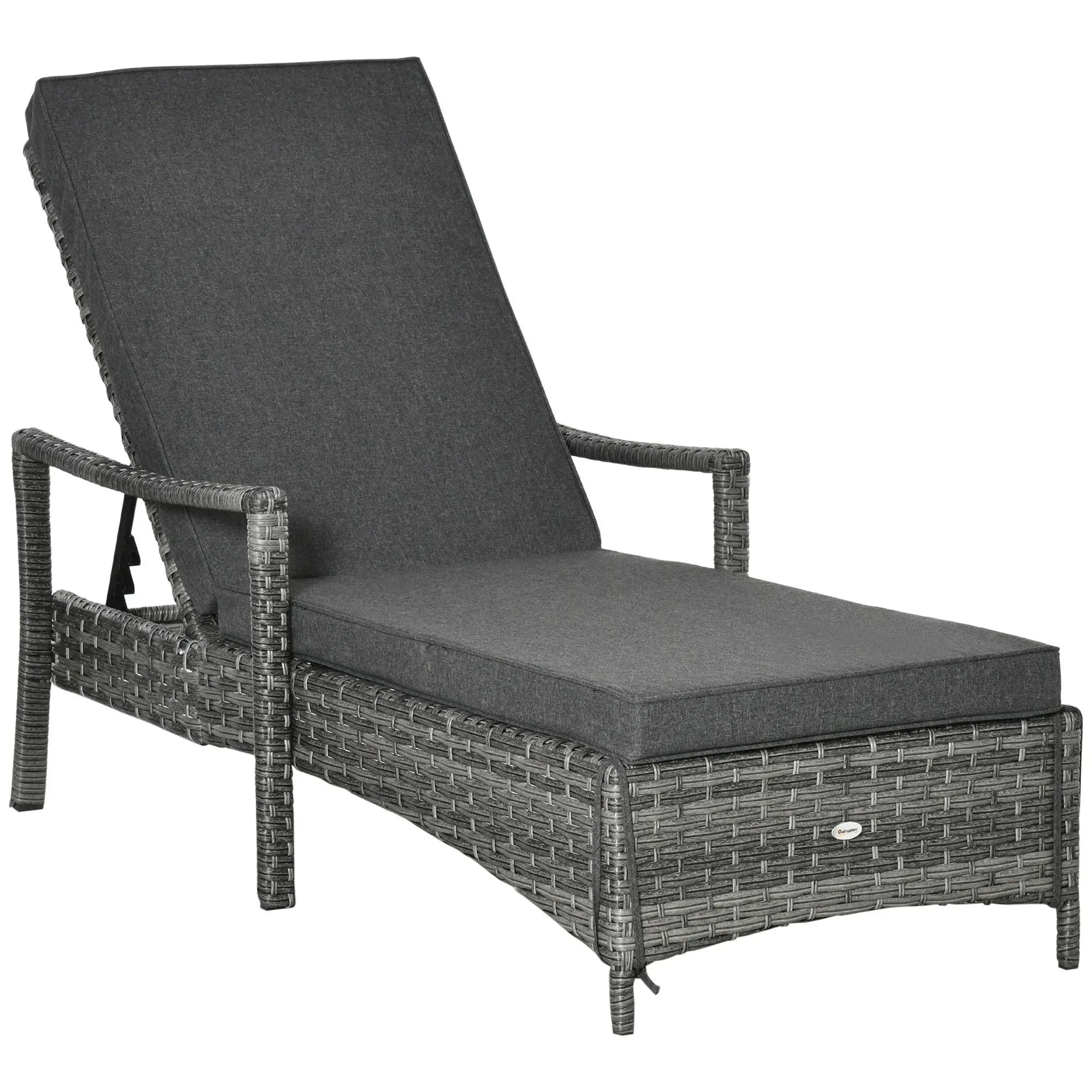 Patio Rattan Sun Lounger, Dual Wicker Weave Outdoor Single Reclining Chair Furniture, 5-Level Adjustable Backrest w/ Removeable & Washable Cushion, Mixed Grey - Bobobiy