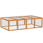 Natural wood rabbit hutch with wire mesh sides and front doors