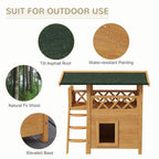 Outdoor cat house with green felt roof and natural wood finish, balcony and ladder stairs