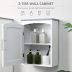 White wall-mounted bathroom cabinet with arched doors open, showing two inner shelves