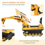 Yellow ride-on excavator toy with liftable scoop arm and control handle