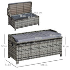 Mixed grey rattan storage bench with hinged lid, dark seat cushion, and visible frame