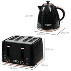 Black electric kettle and four-slice toaster set shown with height and width measurements