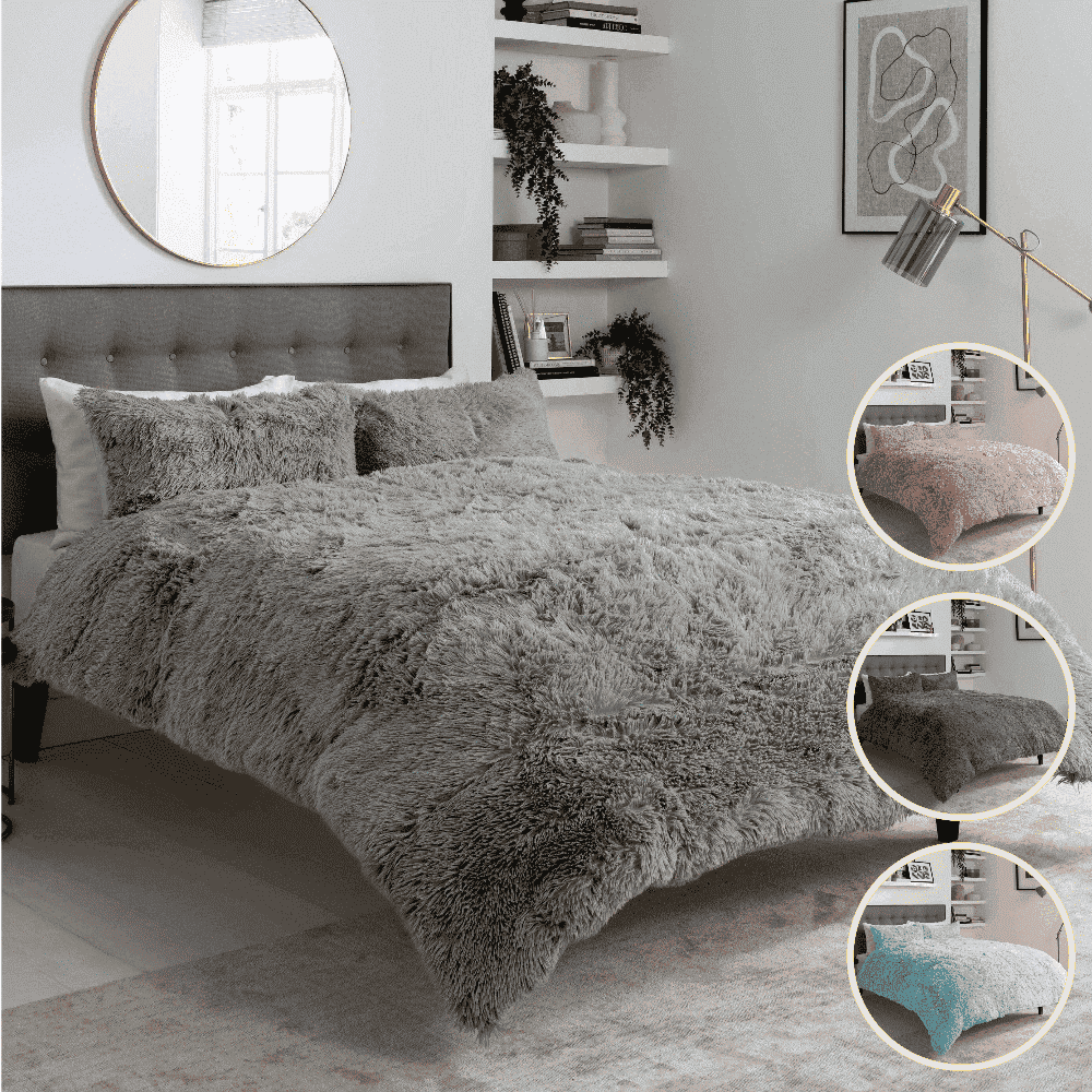 Long-pile faux fur duvet cover set in dark gray with matching pillowcases