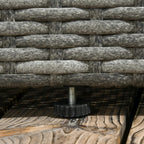 Bottom view of grey rattan sofa frame with adjustable non-slip feet