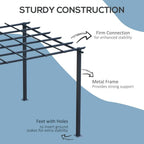 Black metal pergola roof grid with corner posts and reinforced cross-bracing