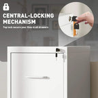 White filing cabinet with central lock mechanism and key inserted on top drawer