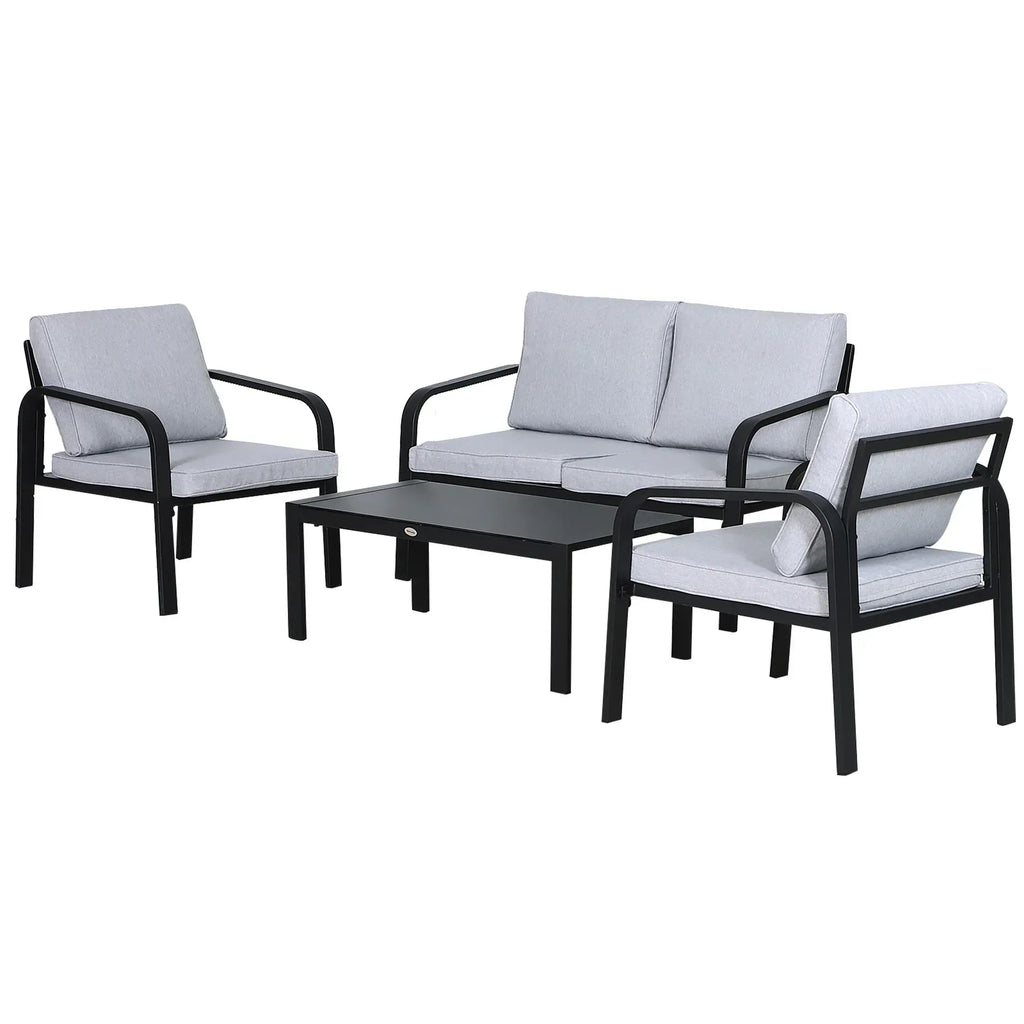 4pcs Garden Sofa Set 2 Single Armchair, 1 Bench & 1 Coffee Table Set Aluminum Frame Patio Furniture with Cushions, Black - Bobobiy