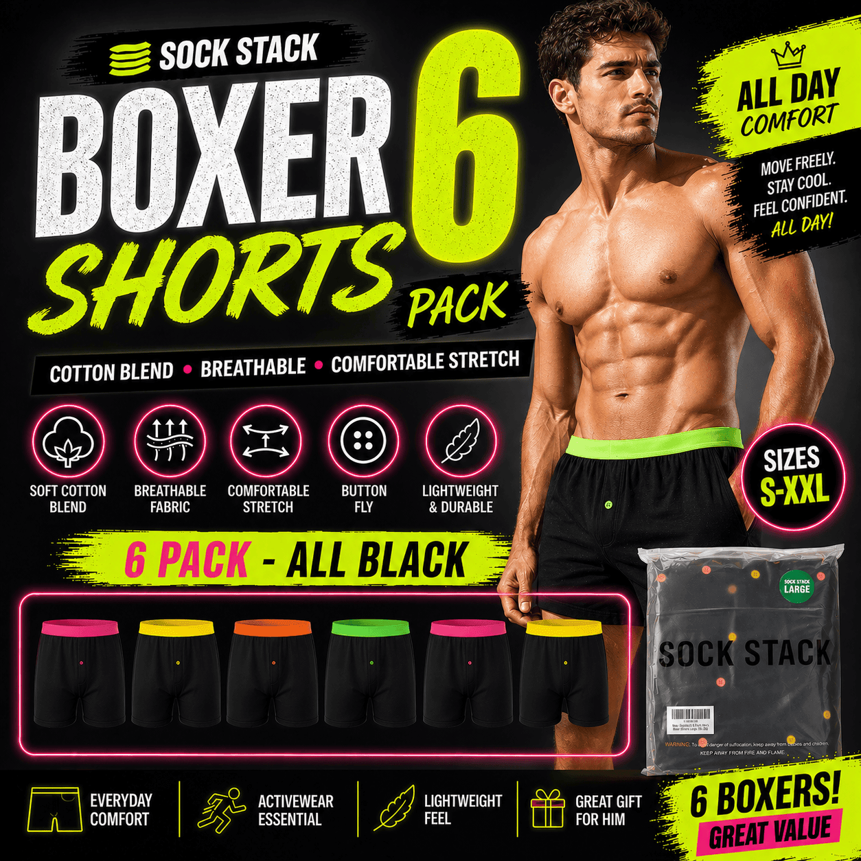 6 Pack Classic Menswear Black Cotton Blend Boxer Shorts Breathable Activewear Comfortable Stretch Colourful Waistband Durable Lightweight Button Fly Underwear MB08