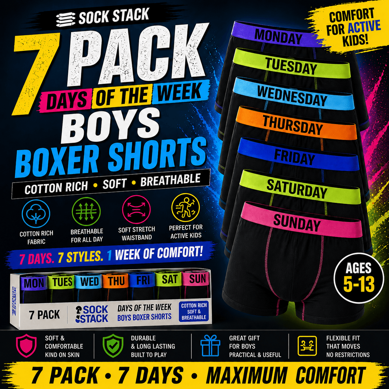 7 Pack Days Of The Week Boys Cotton Rich Underwear Trunks Childrenswear Activewear Classic Breathable Comfortable Waistband Soft Stretchy Boxer Shorts Ages 5 to 13 Assorted Colours Waistband