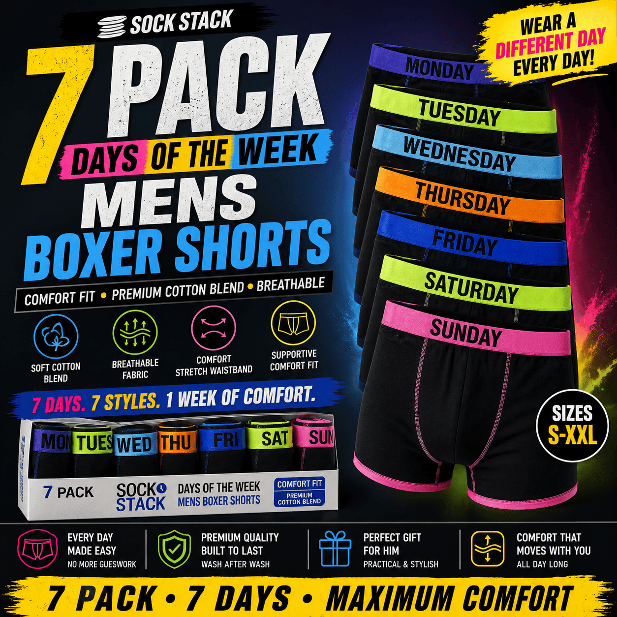 7 Pack Days Of The Week Comfort Fit Boxer Shorts Menswear, Small to XLarge