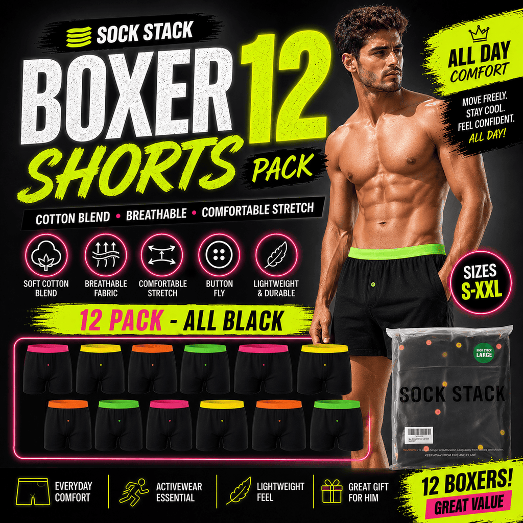 12 Pack Classic Menswear Black Cotton Blend Boxer Shorts Breathable Activewear Comfortable Stretch Colourful Waistband Durable Lightweight Button Fly Underwear MB08