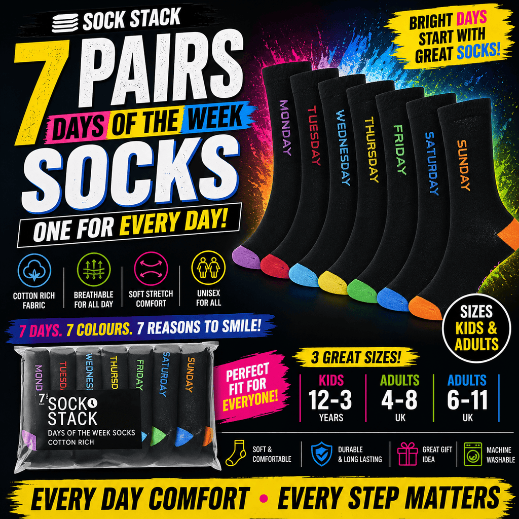 7 Pack Days Of The Week Cotton Rich Boys Girls Kids Men's Women's Socks Black with Multi Colour Heel and Toe Design By Sock Stack