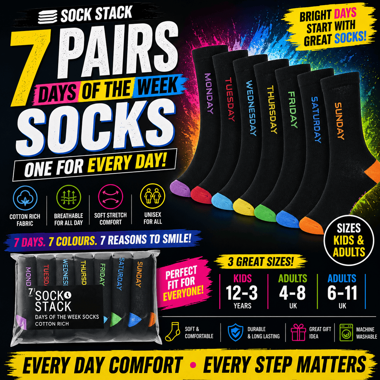 7 Pack Days Of The Week Cotton Rich Boys Girls Kids Men's Women's Socks Black with Multi Colour Heel and Toe Design By Sock Stack