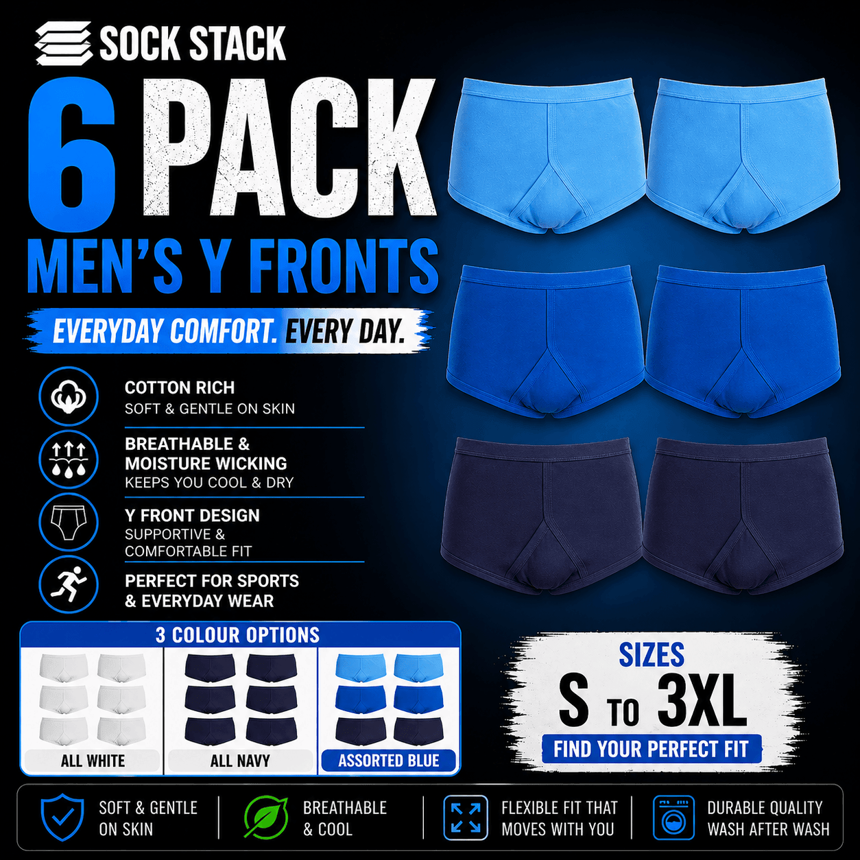 Pack of 6 Men's Cotton Y Front Briefs Comfortable Breathable Underwear with Soft Stretch Waistband Hypoallergenic Durable