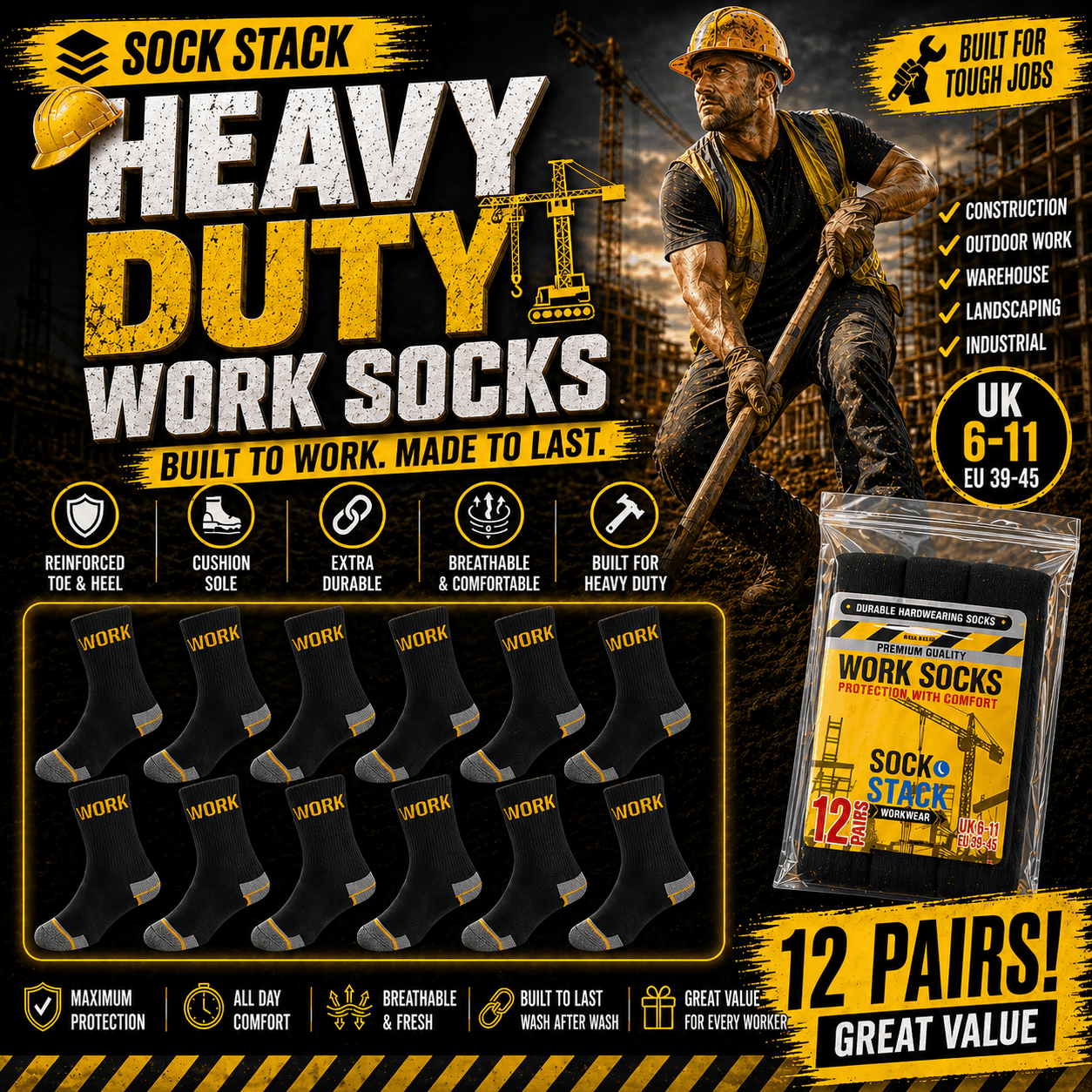 12 Pairs Mens Heavy Duty Work Socks Cushion Sole Reinforced Toe Heel Durable Black Boot Sock for Construction Outdoor Jobs Walking Sizes UK 6-11 EUR 39-45