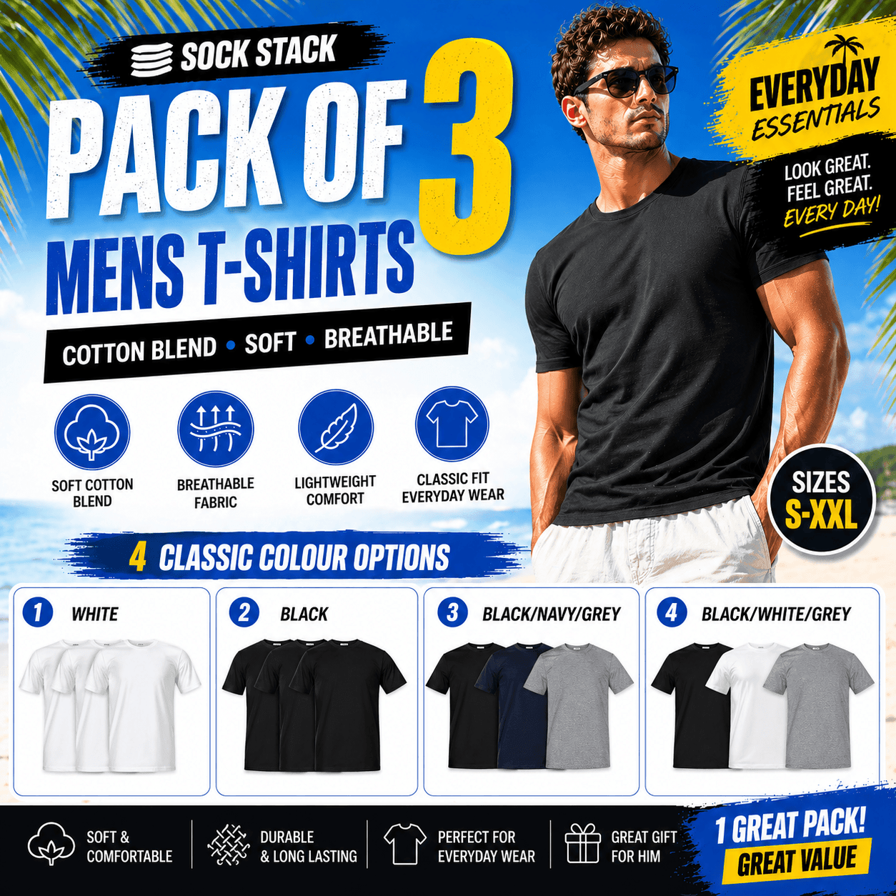 Pack of 3 Men's Plain T-Shirts Soft Breathable Cotton Polyester Blend Short Sleeve Tees Versatile Classic Colors