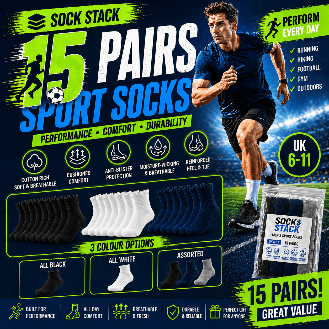 15 Pairs Mens Cotton Rich Performance Sport Socks Outdoor Athletics Running Hiking Football Black Grey White Sock Cushioned Anti-Blister Moisture-Wicking Breathable Comfortable UK 6-11