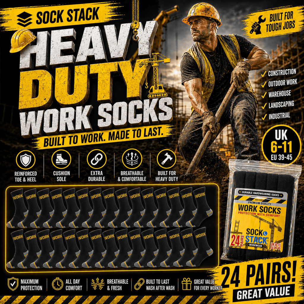24 Pairs Mens Heavy Duty Work Socks Cushion Sole Reinforced Toe Heel Durable Black Boot Sock for Construction Outdoor Jobs Walking Sizes UK 6-11 EUR 39-45
