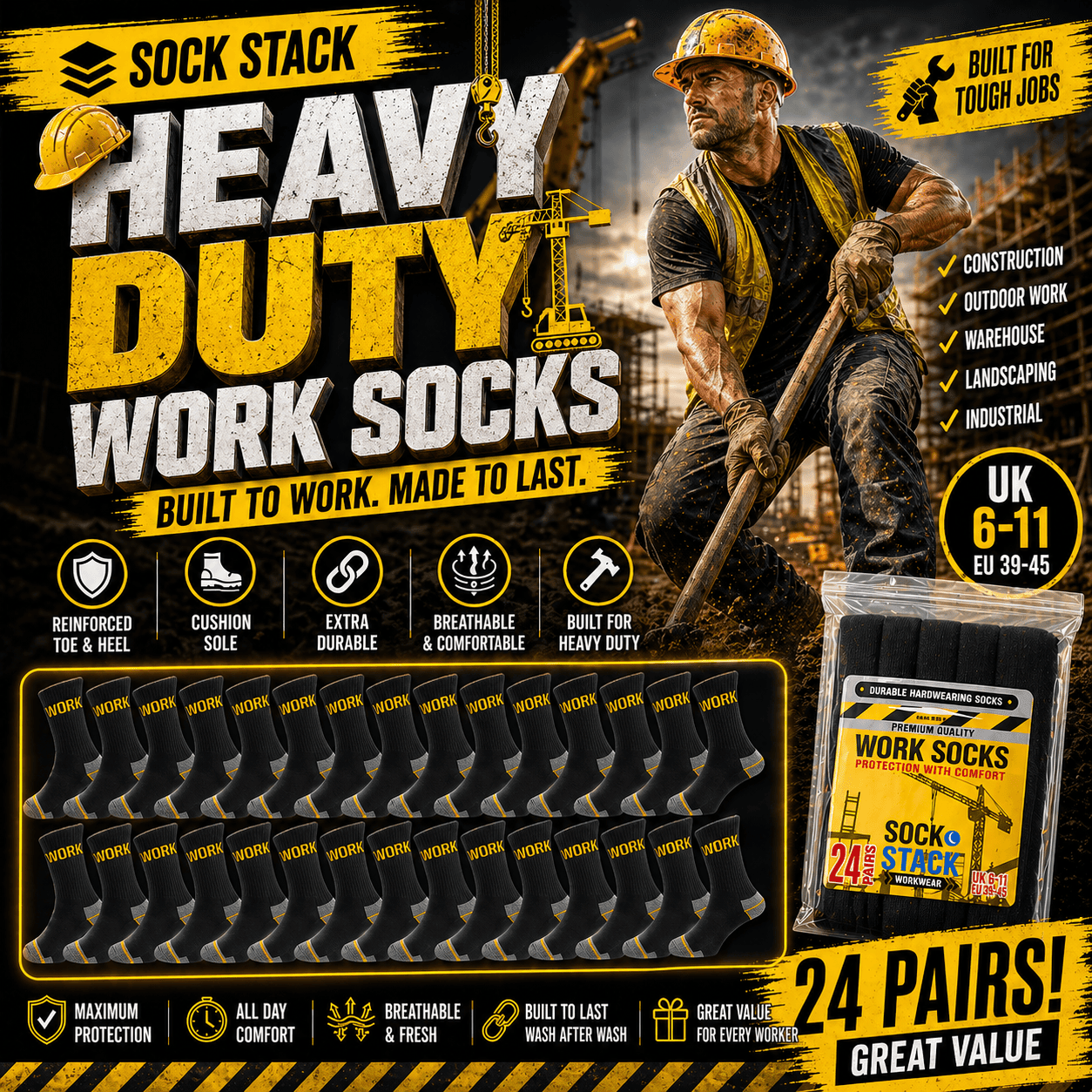 24 Pairs Mens Heavy Duty Work Socks Cushion Sole Reinforced Toe Heel Durable Black Boot Sock for Construction Outdoor Jobs Walking Sizes UK 6-11 EUR 39-45