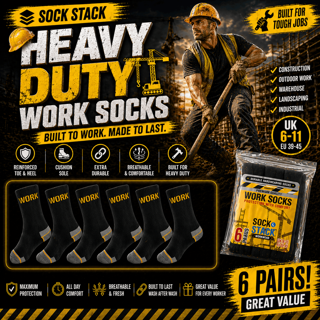 6 Pairs Mens Heavy Duty Work Socks Cushion Sole Reinforced Toe Heel Durable Black Boot Sock for Construction Outdoor Jobs Walking Sizes UK 6-11 EUR 39-45