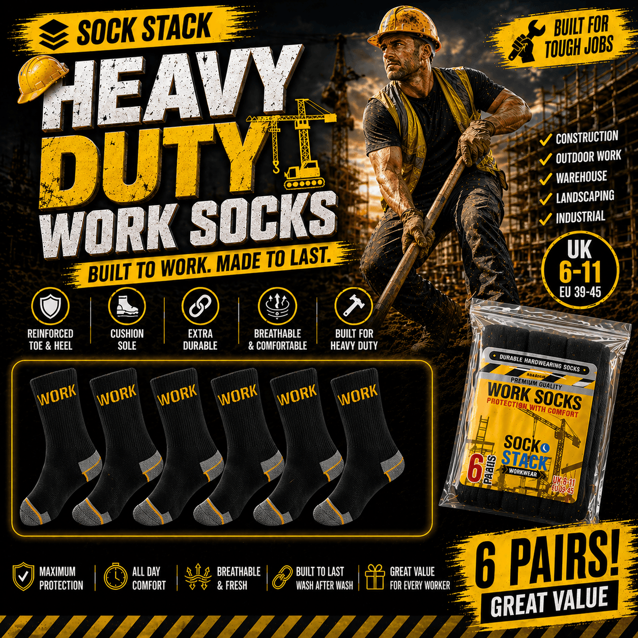 6 Pairs Mens Heavy Duty Work Socks Cushion Sole Reinforced Toe Heel Durable Black Boot Sock for Construction Outdoor Jobs Walking Sizes UK 6-11 EUR 39-45