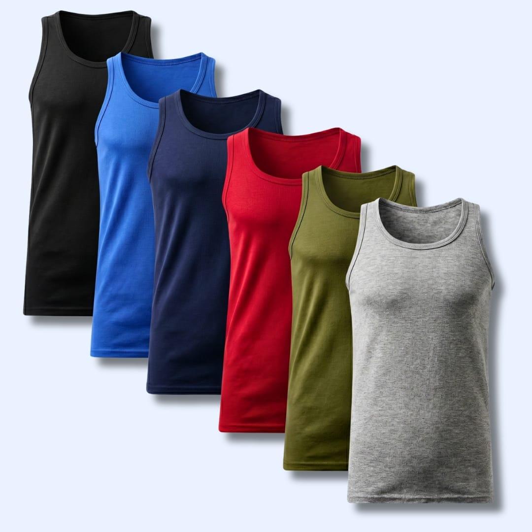 Pack of 6 Men's Cotton Blend Gym Muscle Vests Fitted Lightweight Comfortable Breathable Summer Wear Sizes S to XXL Available in Black Grey Navy White