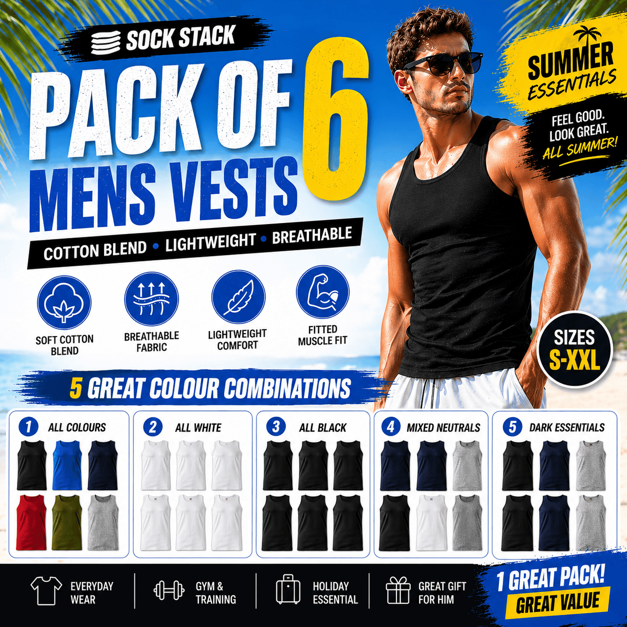 Pack of 6 Men's Cotton Blend Gym Muscle Vests Fitted Lightweight Comfortable Breathable Summer Wear Sizes S to XXL Available in Black Grey Navy White