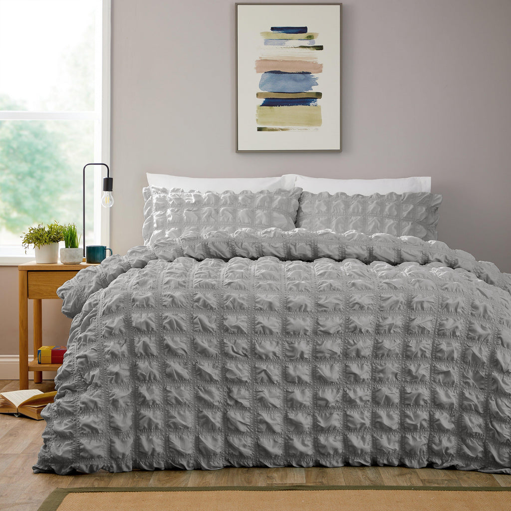 Soho Grey Microfibre Duvet Cover Set with Pillowcases Quilted Super Soft Easy Care Bedding Bed Linen Set