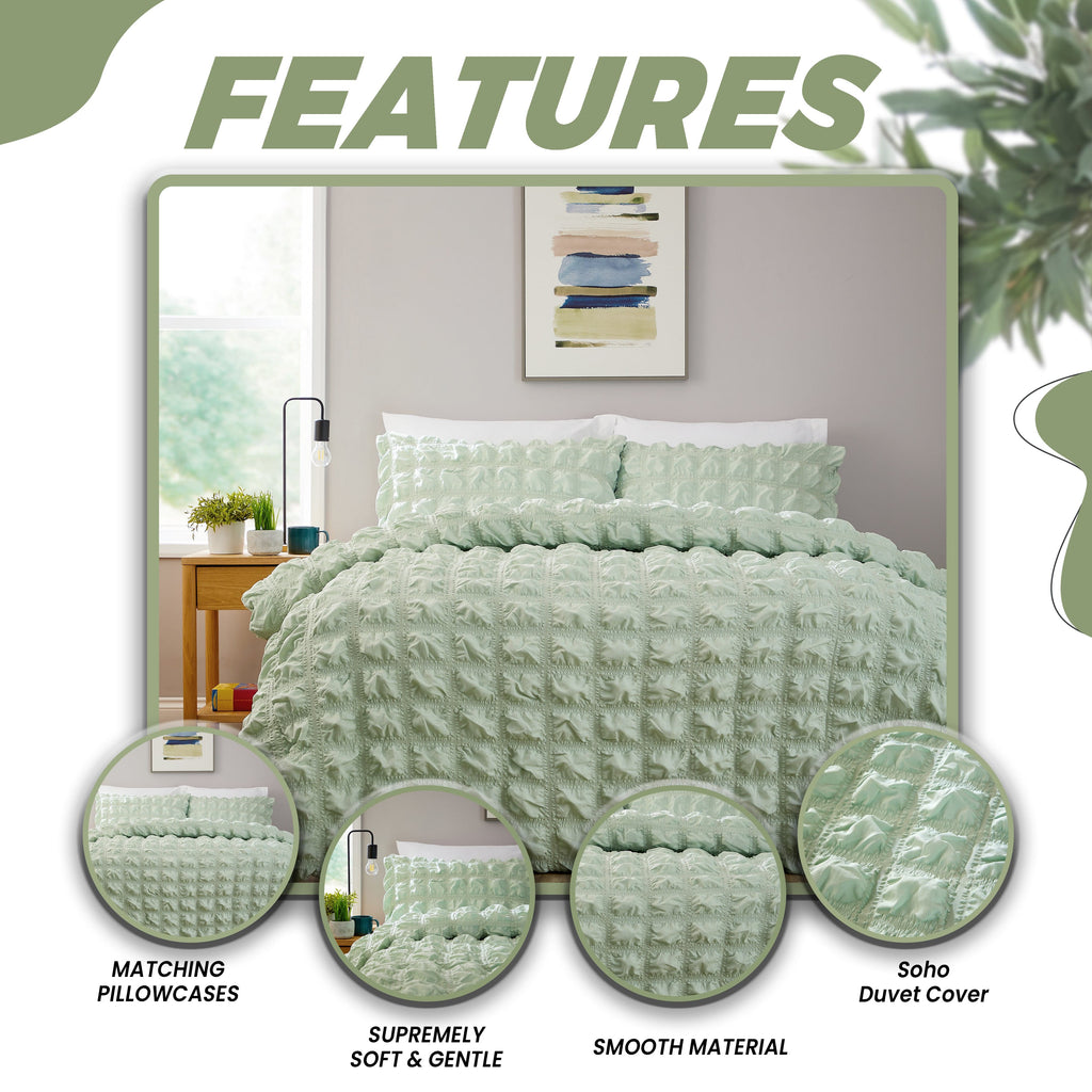 Soho Sage Green Microfibre Duvet Cover Set with Pillowcases Quilted Super Soft Easy Care Bedding Bed Linen Set