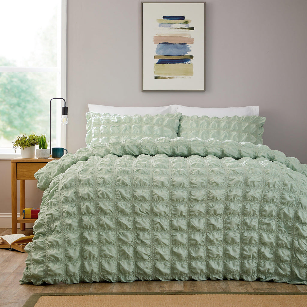 Soho Sage Green Microfibre Duvet Cover Set with Pillowcases Quilted Super Soft Easy Care Bedding Bed Linen Set