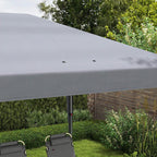 Grey gazebo canopy roof edge with ventilation holes and metal support posts