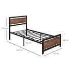 Single metal bed frame dimensions view with slats, headboard, and footboard in black and rustic brown