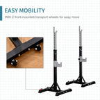 Squat rack with front transport wheels, black base, silver uprights, and safety arms.