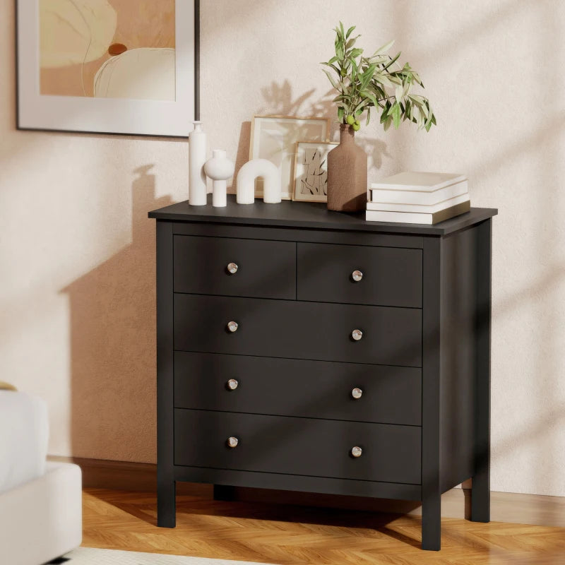 Black modern chest with five drawers, round metal knobs, and four legs
